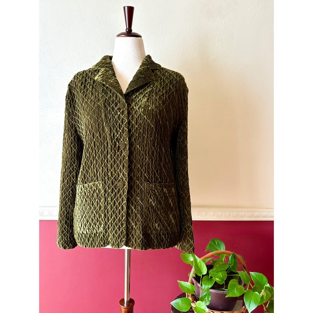 Vintage 90s Olive Green Textured Velvet Blazer Jacket Dark Academia Earthy Boho